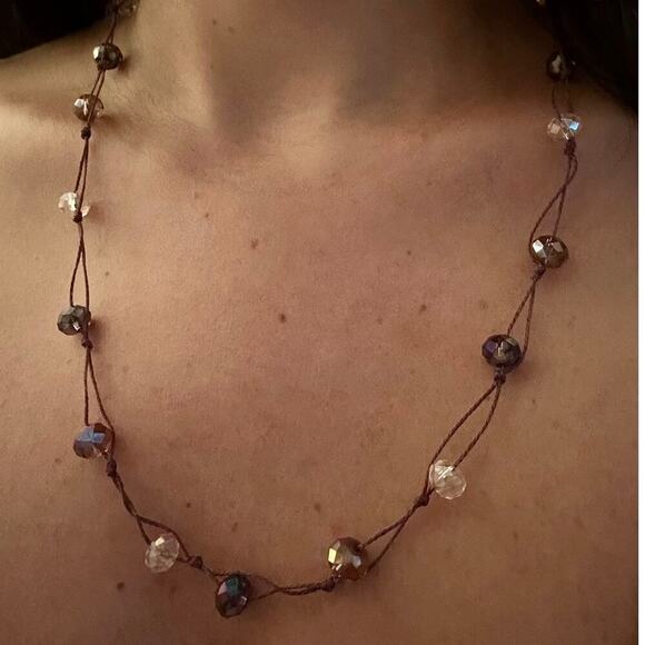 Handcrafted Beaded Necklace – Brown Cord with Iridescent Crystal Beads - Picture 1 of 4